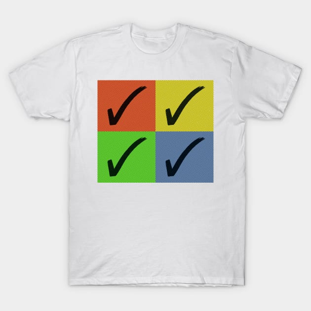 4 Black Check Marks On Red, Yellow, Green and Blue Squares T-Shirt by skycloudpics